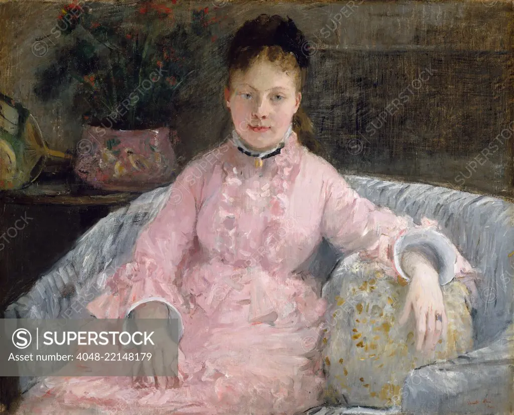 The Pink Dress, by Berthe Morisot, 1870, French impressionist painting, oil on canvas. Morisot began studying painting at age 16, and was influenced by Corot to paint landscapes 'en plein air' in the early 1860s. This canvas was painted two years into her artistic friendship with Manet, when she adopted the impressionist style (BSLOC_2017_3_125)