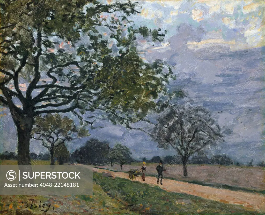 The Road from Versailles to Louveciennes, by Alfred Sisley, 1879, French impressionist oil painting. This was painted near the town of Louveciennes, on the road between Versailles and Saint-Germain-en-Laye. Sisley included a country laborer pushing a cart and a city man wearing a black suit and top hat (BSLOC_2017_3_129)