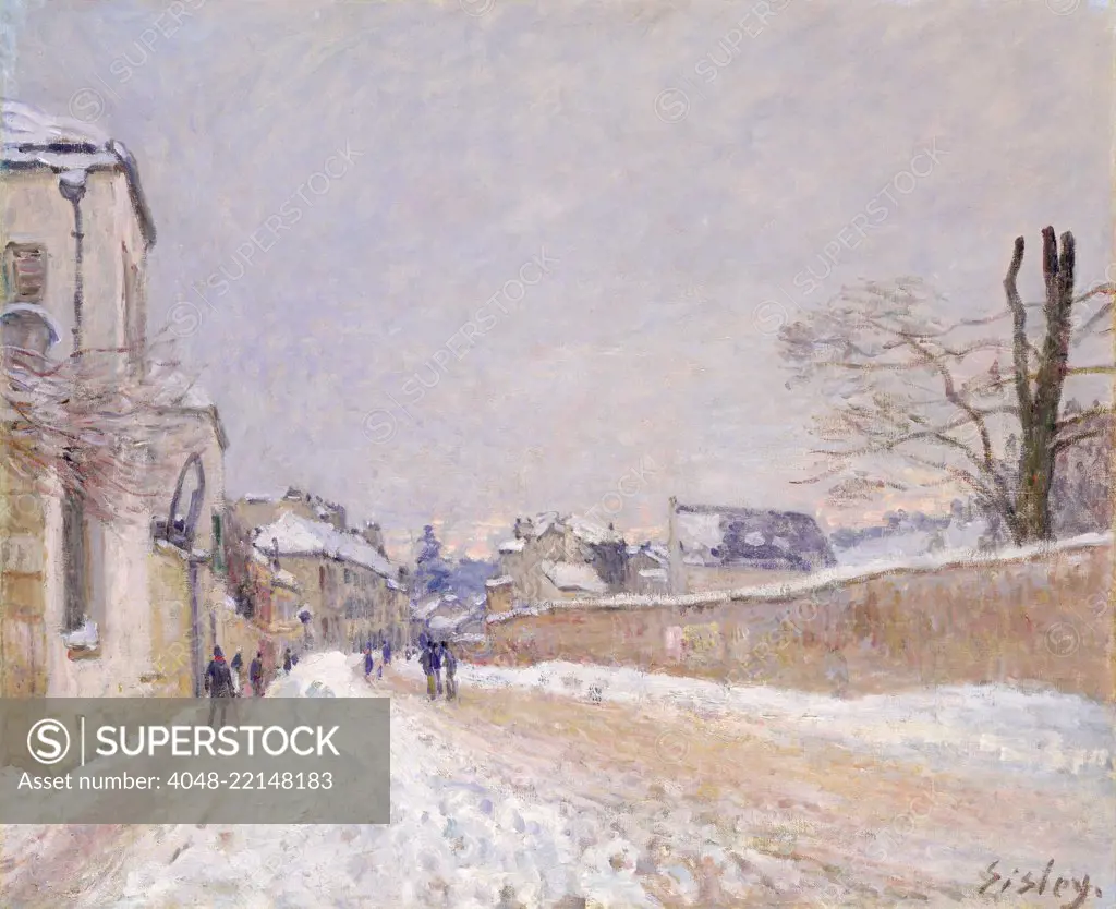 Rue Eugene Moussoir at Moret: Winter, by Alfred Sisley, 1891, French impressionist oil painting. Sisley painted this snow covered landscape with subtle palette of warm and cool colors (BSLOC_2017_3_131)