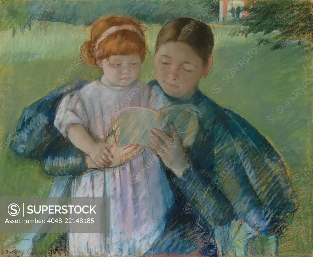 Nurse Reading to a Little Girl, by Mary Cassatt, 1895, Impressionist pastel painting, on paper. The figures are set in a landscape, possibly at Cassatt's home at Mesnil-Theribus, northwest of Paris (BSLOC_2017_3_133)