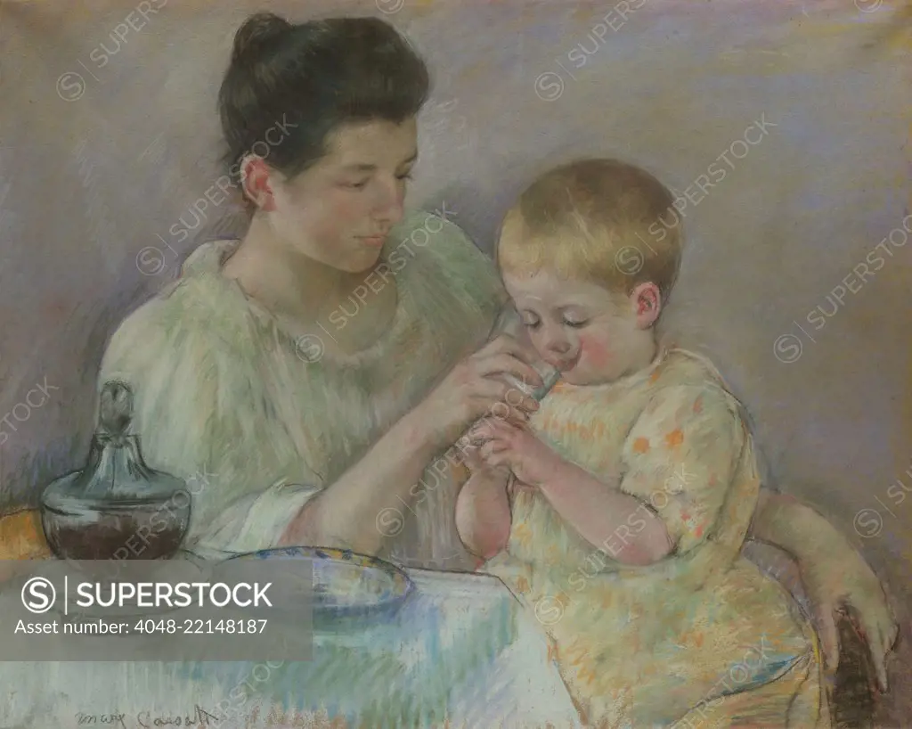 Mother Feeding Child, by Mary Cassatt, 1898, Impressionist pastel painting, on paper. This is an unsentimental depiction of daily life (BSLOC_2017_3_136)