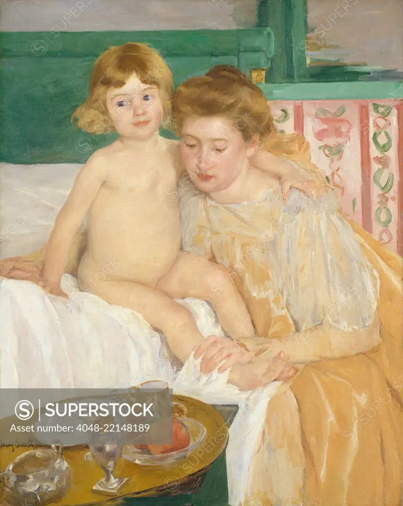 Mother and Child (Baby After His Nap), by Mary Cassatt, 1899, French impressionist oil painting. A well-dressed mother attends her awakening child, with her breakfast tray nearby (BSLOC_2017_3_137)