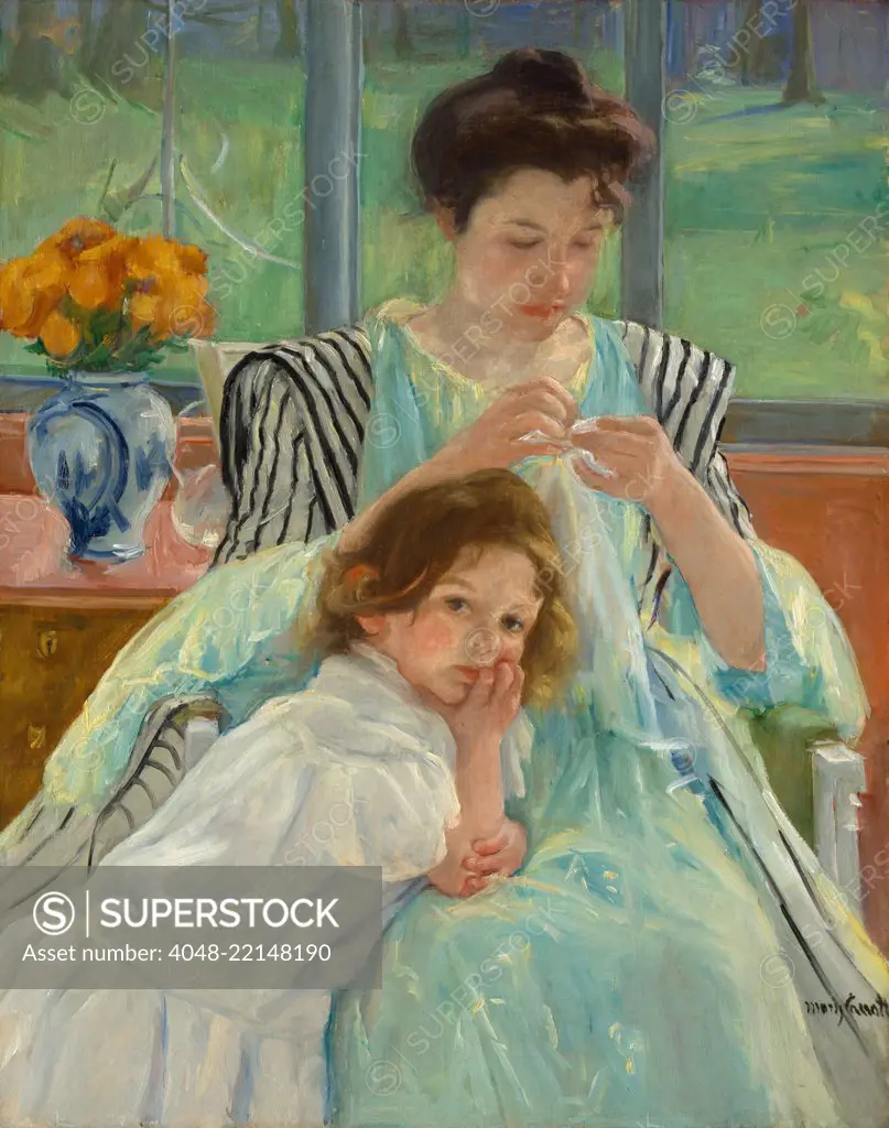 Young Mother Sewing, by Mary Cassatt, 1900, French impressionist painting, oil on canvas. Painted in soft greens, a mother adjusts her task to accommodate the presence of the young child (BSLOC_2017_3_138)