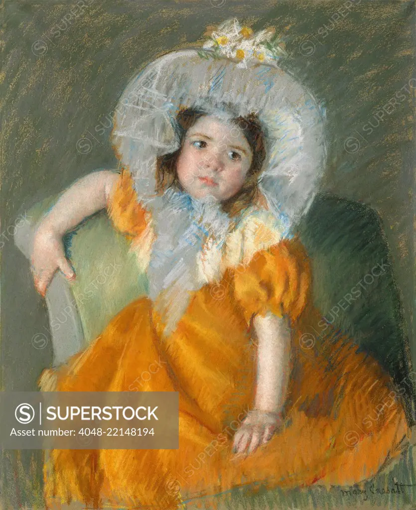 Margot in Orange Dress, by Mary Cassatt, 1902, Impressionist pastel painting, on paper. This canvas is dominated by the bright orange and dull olive green of the background (BSLOC_2017_3_142)