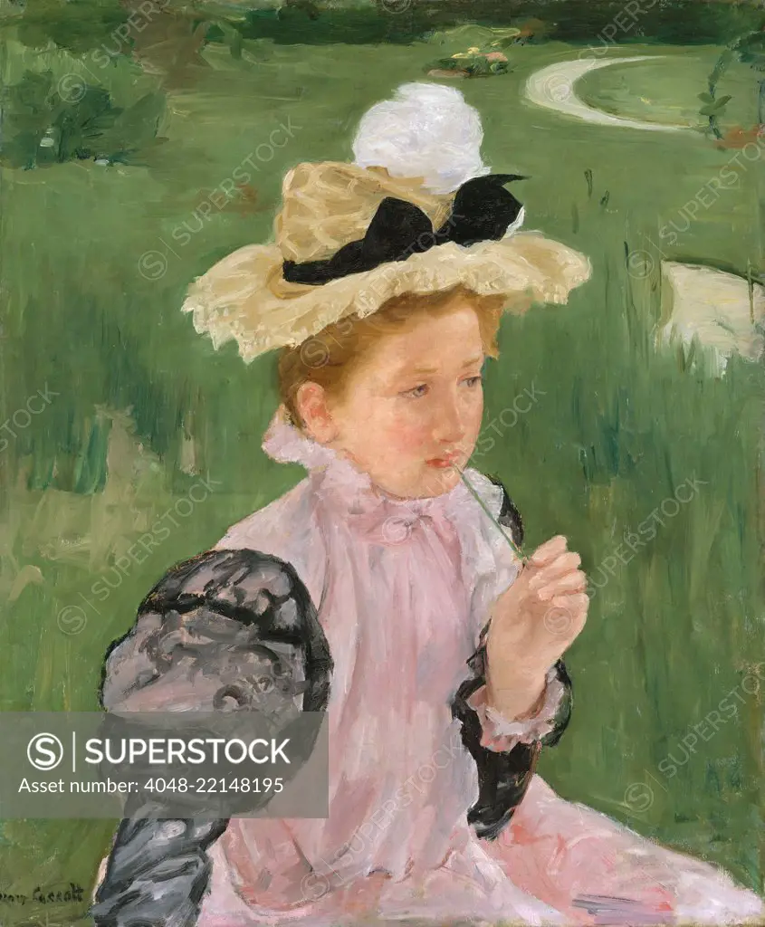 Portrait of a Young Girl, by Mary Cassatt, 1899, French impressionist painting, oil on canvas. This work adopts the compositional style of Japanese prints with its high vantage point, flattened space (BSLOC_2017_3_140)