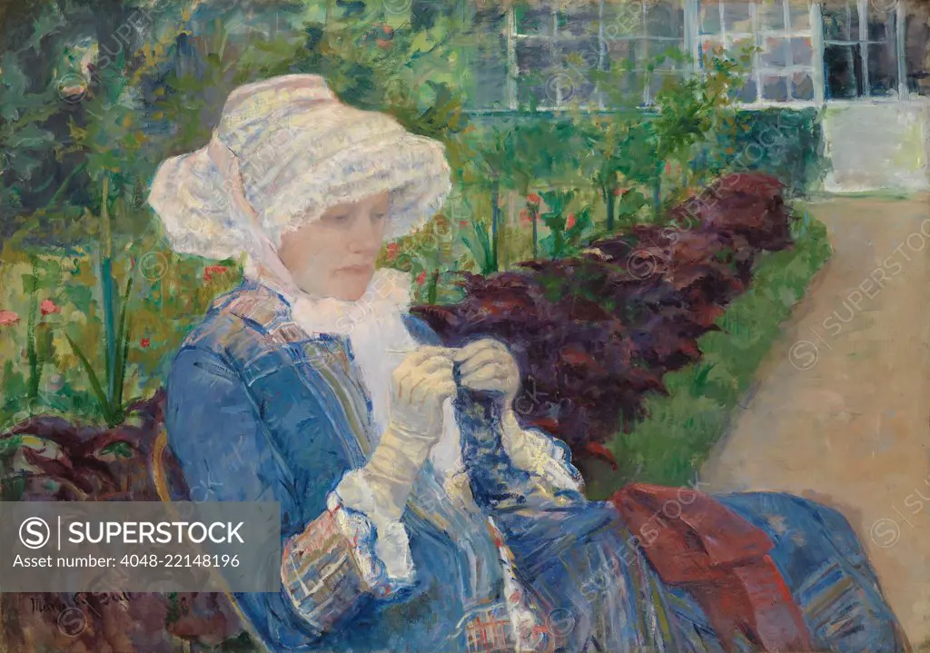 Lydia Crocheting in the Garden at Marly, by Mary Cassatt, 1880, Impressionist oil painting. Cassatt's painted her sister Lydia at Marly-le-Roi, a village outside Paris (BSLOC_2017_3_143)