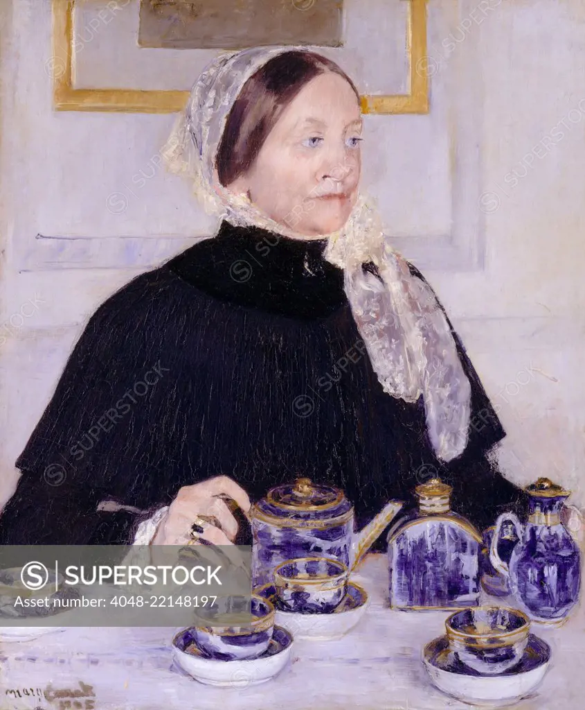 Lady at the Tea Table, by Mary Cassatt, 1883-85, French impressionist painting, oil on canvas. Mary Dickinson Riddle, a Cassatt family cousin, painted with a gilded blue-and-white Canton porcelain service, she gave to her Cassatt relatives. Mary painted this portrait in response to the gift, but the Riddle family didn't like the painting and it remained in the artist's collection (BSLOC_2017_3_145)