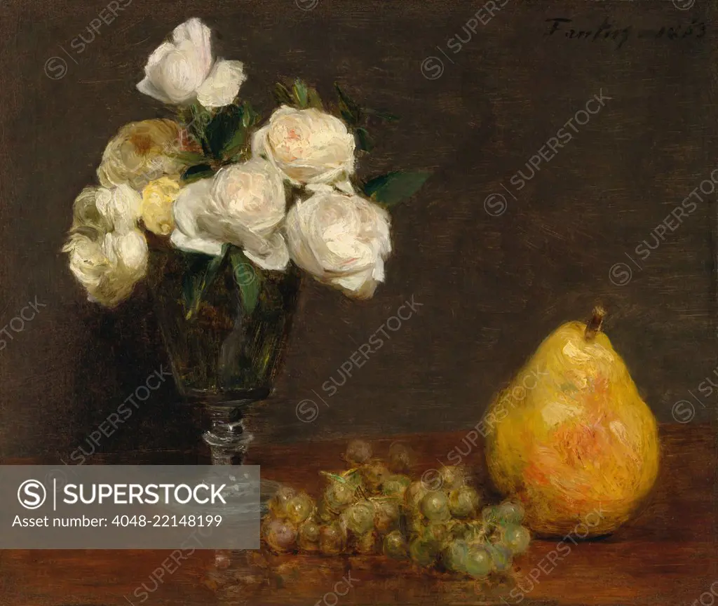 Still Life with Roses and Fruit, by Henri Fantin-Latour, 1863, French impressionist oil painting. Fantin-Latour associated with the Impressionists, but his style remained compositionally conservative throughout his artistic career (BSLOC_2017_3_147)