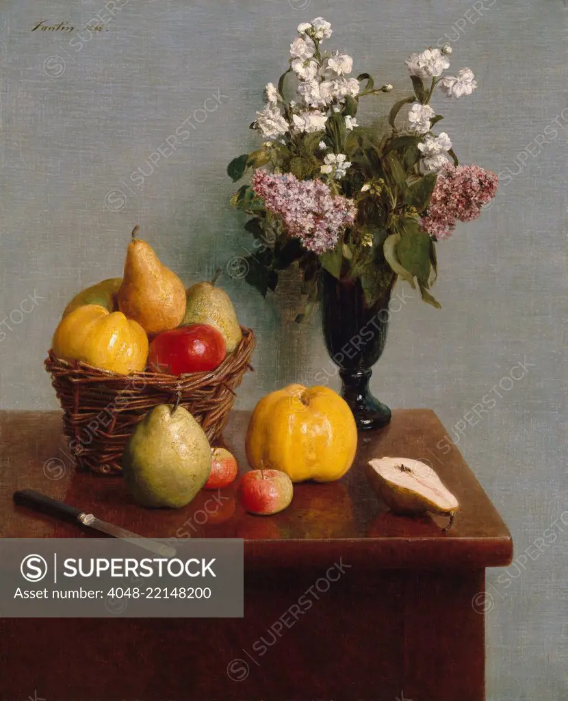 Still Life with Flowers and Fruit, by Henri Fantin-Latour, 1866, French impressionist oil painting. Fantin-Latour used a light gray background and luminous color in the realist still life commissioned by Michael Spartali of London (BSLOC_2017_3_148)