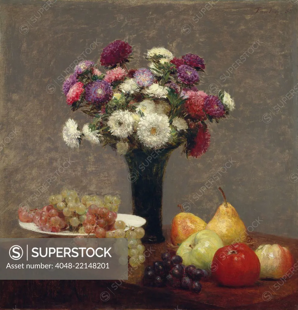 Asters and Fruit on a Table, by Henri Fantin-Latour, 1868, French impressionist oil painting. Fantin-Latour used simple vases and plain tabletops that emphasized his virtuoso painting of flowers and fruits (BSLOC_2017_3_149)