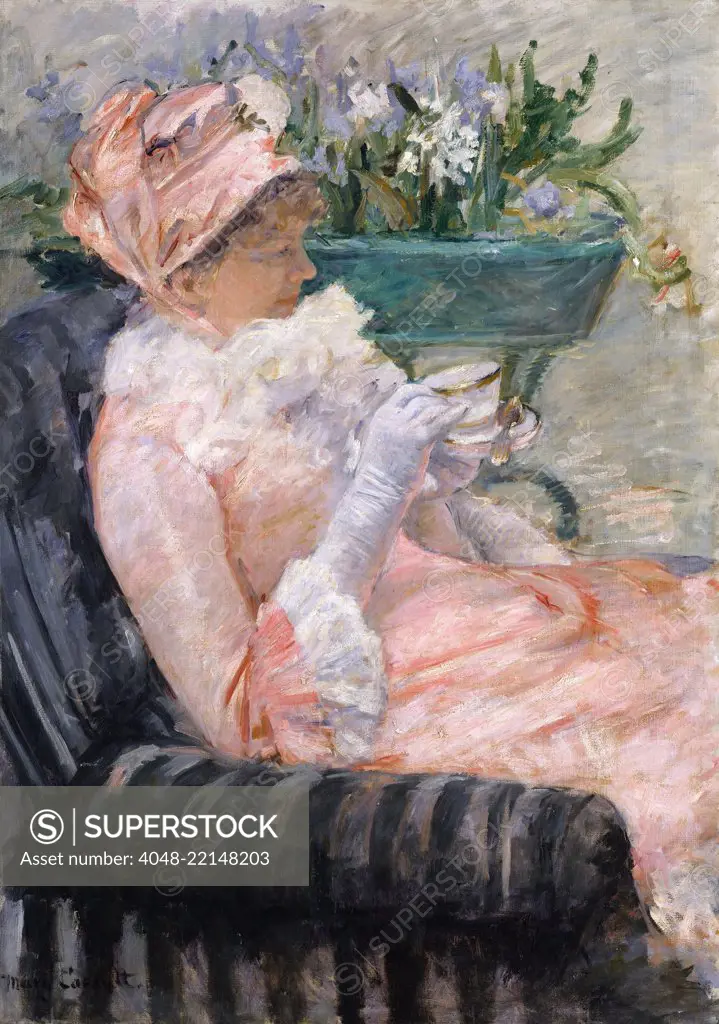 The Cup of Tea, by Mary Cassatt, 1880-81, Impressionist oil painting. Cassatt painted her sister Lydia at afternoon tea, which she showed in the 1881 Impressionist exhibition (BSLOC_2017_3_144)