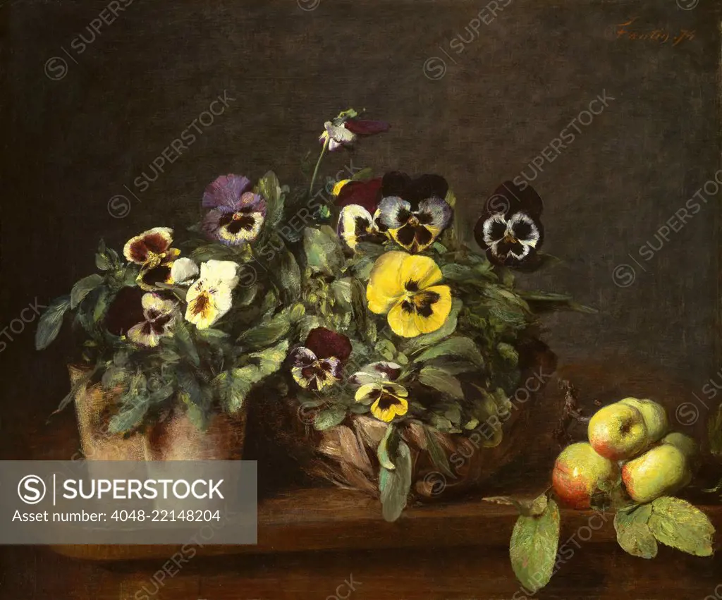 Still Life with Pansies, by Henri Fantin-Latour, 1874, French impressionist painting, oil on canvas. This is one of thirty-one paintings that Fantin-Latour, produced in 1874 (BSLOC_2017_3_150)