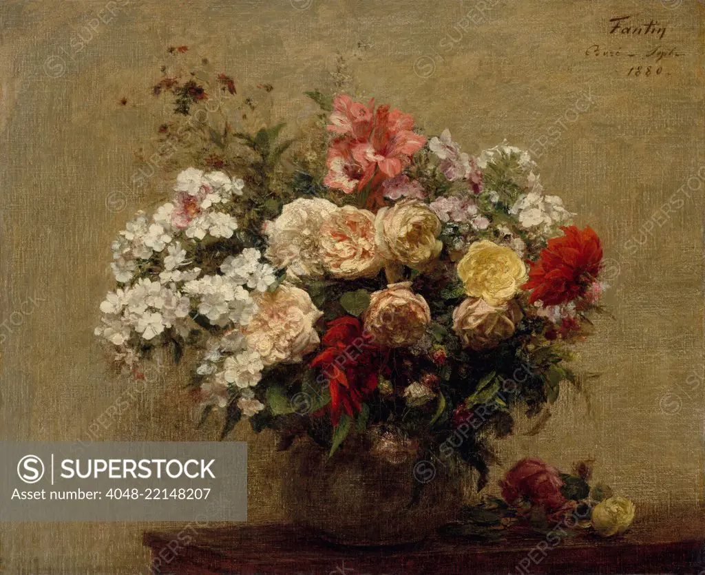 Summer Flowers, by Henri Fantin-Latour, 1880, French impressionist painting, oil on canvas. The dahlias, phlox, and roses in the bouquet were picked near of the artists country home in Bure, Normandy (BSLOC_2017_3_151)