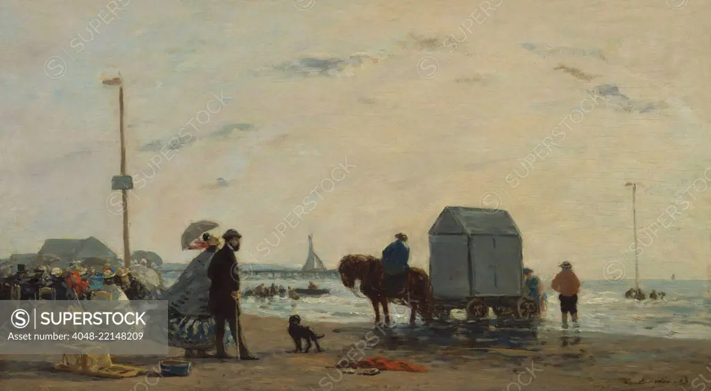 On the Beach at Trouville, by Eugene Boudin, 1863, French impressionist painting, oil on wood. The portable cabana, a place to change into bathing suits, served the more active tourists (BSLOC_2017_3_156)