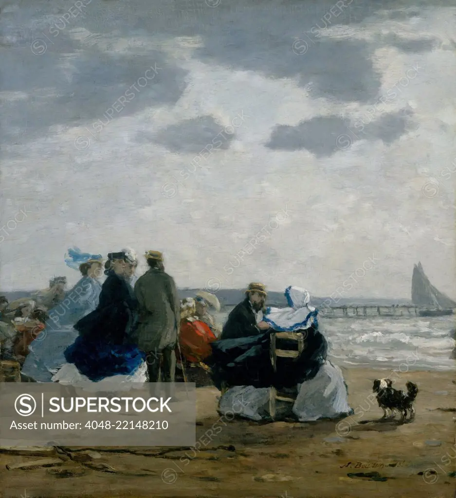 On the Beach, Dieppe, by Eugene Boudin, 1864, French impressionist painting, oil on wood. Boudin was a marine painter and one of the first French landscape artist to paint outdoors (BSLOC_2017_3_157)