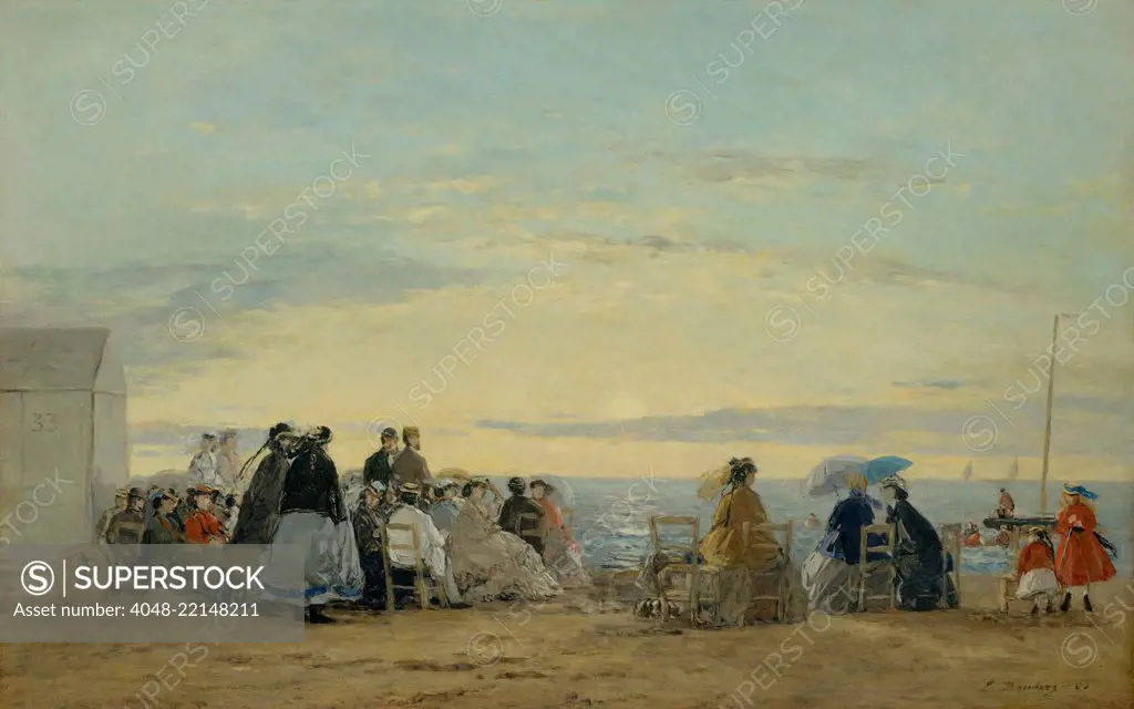 On the Beach, Sunset, by Eugene Boudin, 1865, French impressionist painting, oil on wood. Boudin built a steady clientele for his beach paintings, as railroad borne tourists flocked to the Normandy coast (BSLOC_2017_3_158)