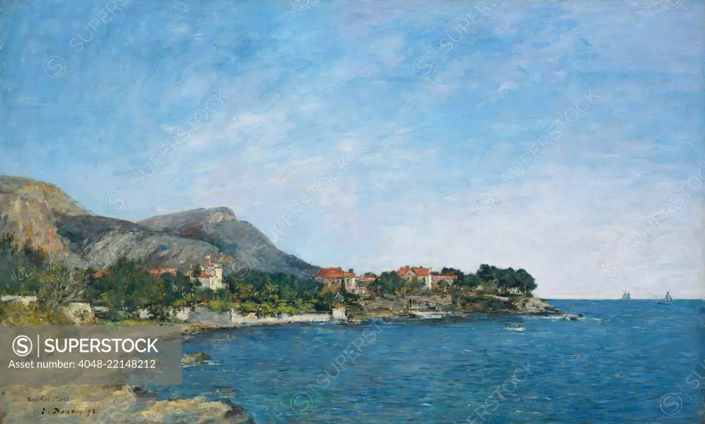 Beaulieu: The Bay of Fourmis, by Eugene Boudin, 1892, French impressionist painting, oil on canvas. This was painted on the French Riviera in March 1892, with a light and bright palette of impressionism, but a more conventional realist composition (BSLOC_2017_3_159)