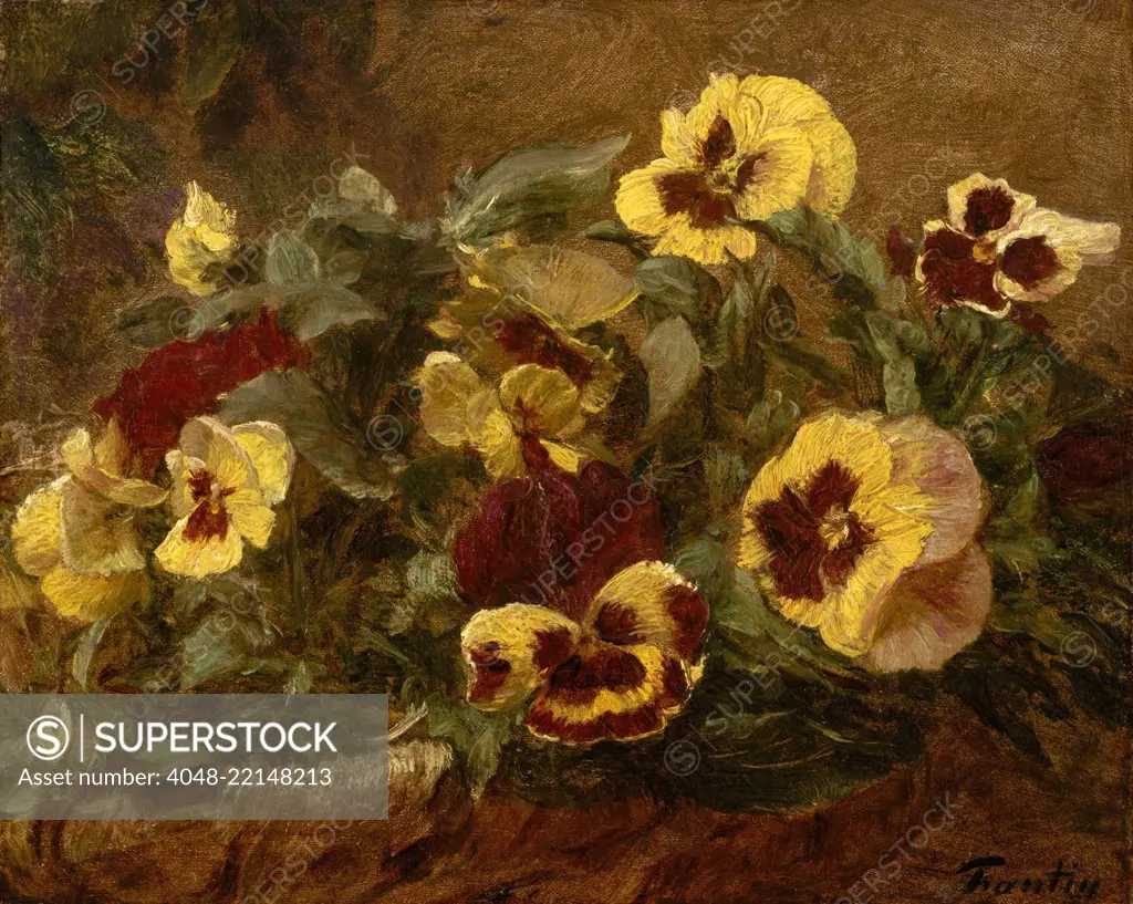 Pansies, by Henri Fantin-Latour, 1903, French impressionist painting, oil on canvas. This study of pansies in a basket was one of Fantin-Latour's last paintings (BSLOC_2017_3_155)