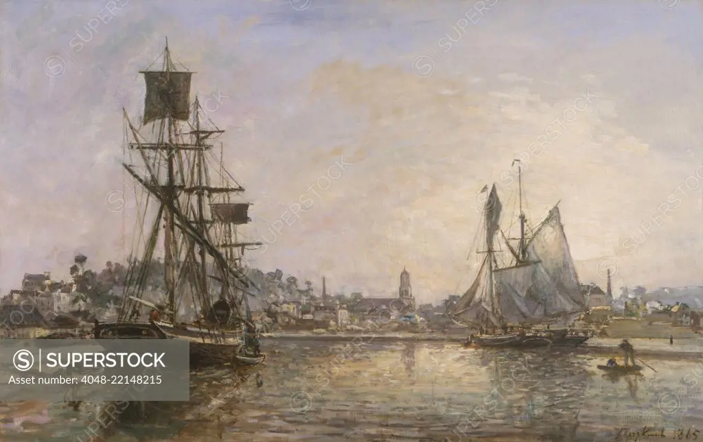 Honfleur, by Johan Barthold Jongkind, 1865, French impressionist painting, oil on canvas. In Normandy in the 1860s, Jongkind met and shared ideas with painters Alfred Sisley, Eugene Boudin, and the young Claude Monet (BSLOC_2017_3_161)