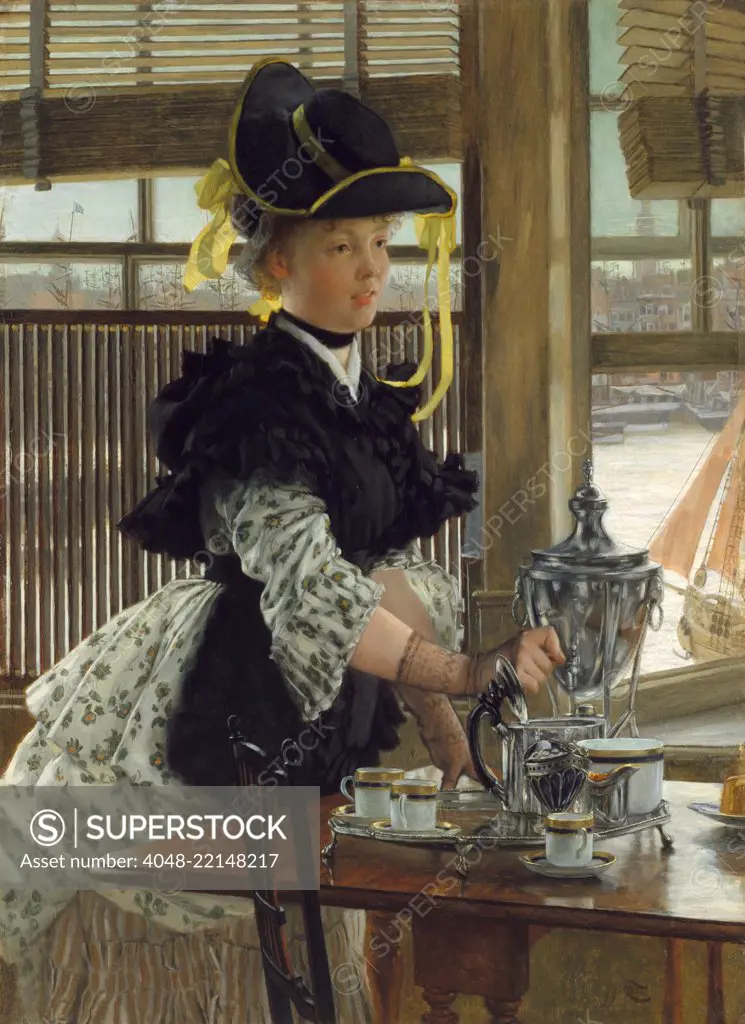 Tea, by James Tissot, 1872, French realist, impressionistic, painting, oil on canvas. Tissot often painted elegantly dressed women shown in scenes of fashionable life, which were very popular with England, where he painted in the 1870s. Note the cityscape seen through the window (BSLOC_2017_3_162)