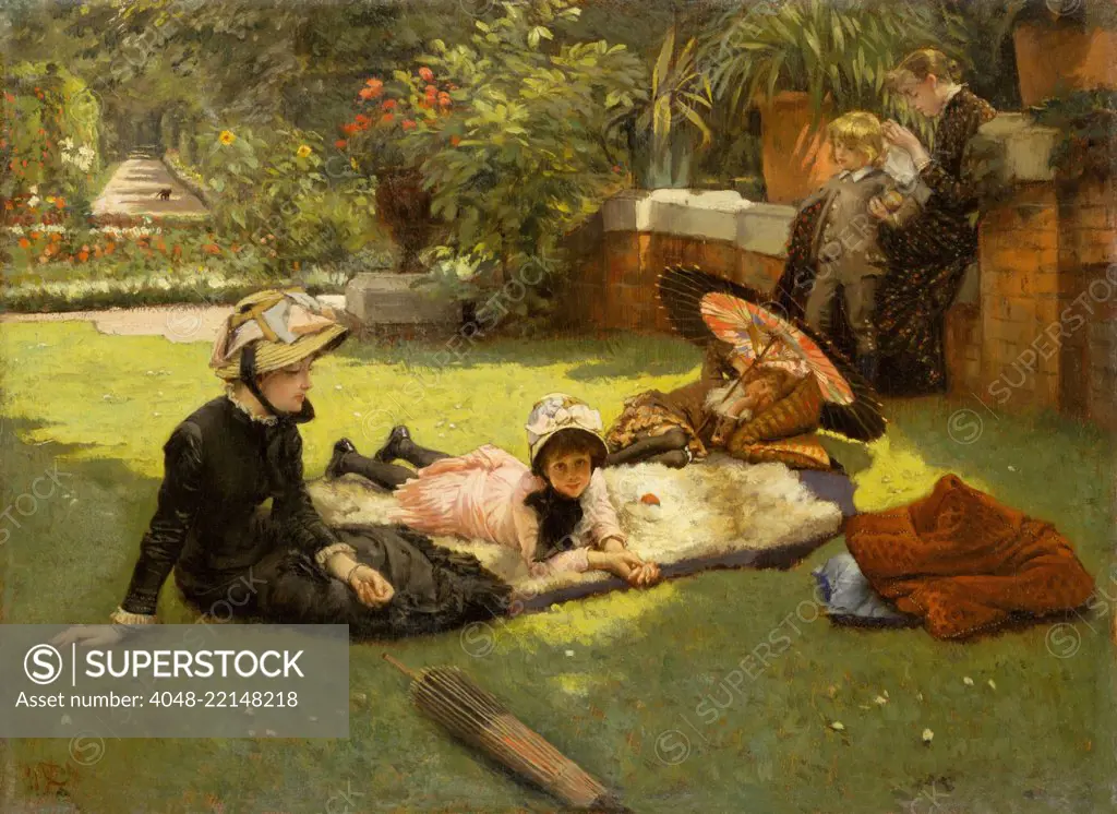 In Full Sunlight (En plein soleil), by James Tissot, 1881, French realist, impressionistic, oil painting. In Tissot's garden in St. John's Wood, London. He painted his companion, divorcee Kathleen Newton (left); her children, 5 year old Cecil George Newton under umbrella, 10 year old Muriel Mary Violet Newton. The two figures at right are unidentified (BSLOC_2017_3_163)