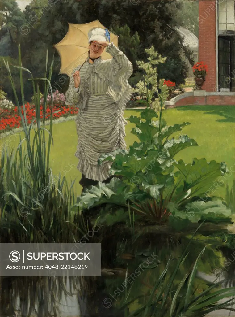 Spring Morning, by James Tissot, 1875, French realist, impressionistic, painting, oil on canvas. The clump of vegetation in the foreground was unconventional, and similar to compositional devices used by the impressionists and Japanese prints (BSLOC_2017_3_164)