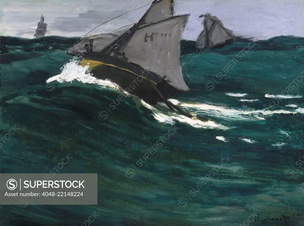 The Green Wave, by Claude Monet, ca. 186667, French impressionist painting, oil on canvas. This seascape used elements from Manet's 1864 paintings of the USS Kearsarge. Both paintings employ high horizons and painterly waves (BSLOC_2017_3_17)