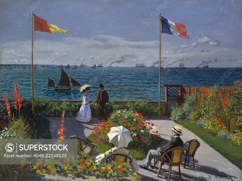 Garden at Sainte-Adresse, by Claude Monet, 1867, French impressionist painting, oil on canvas. This was painted as Monet was breaking away from the influence of Manet and developing his dappled paint application (BSLOC_2017_3_18)