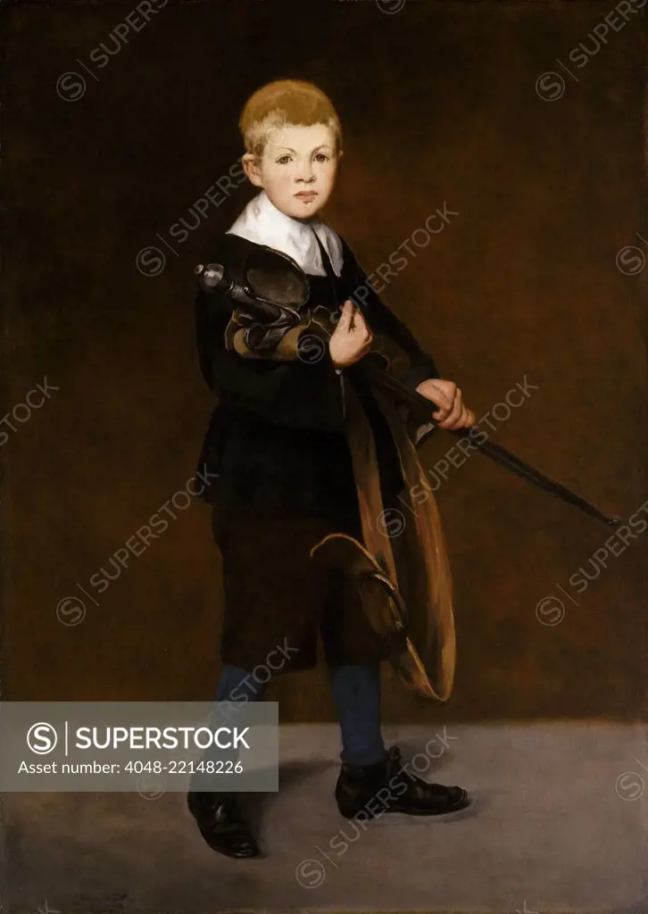 Boy with a Sword, by Edouard Manet, 1861 French impressionist painting, oil on canvas. Manets stepson, 10 year old Leon Koella-Leenhoff, posed for this painting (BSLOC_2017_3_2)