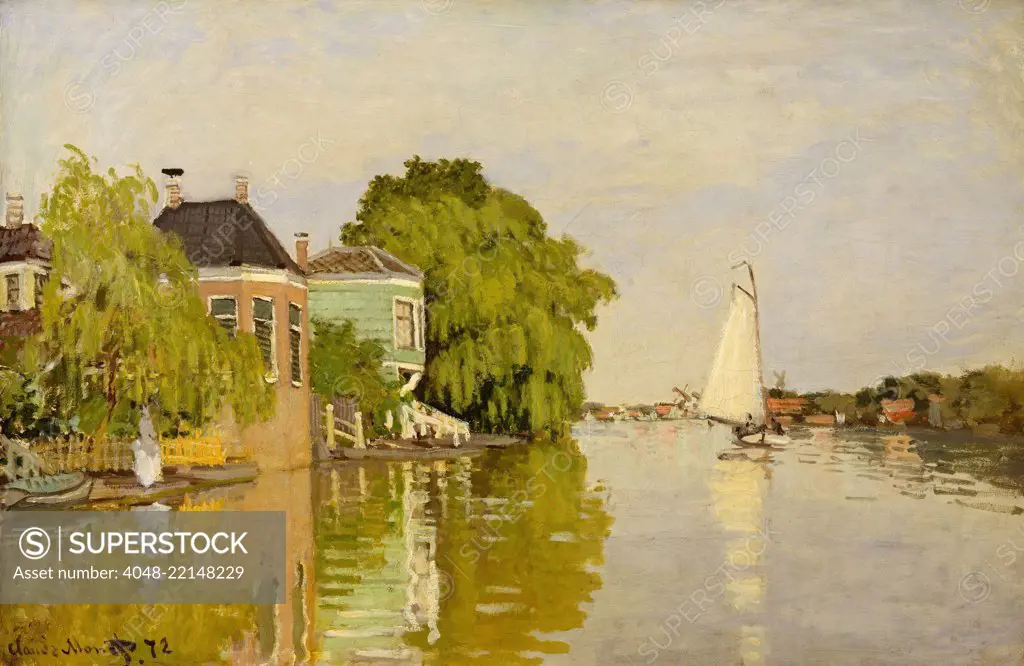 Houses on the Achterzaan, by Claude Monet, 1871, French impressionist painting, oil on canvas. In the summer of 1871, Monet painted Dutch landscapes, enjoying 'amusing things everywhere: hundreds of windmills and enchanting boats' (BSLOC_2017_3_21)