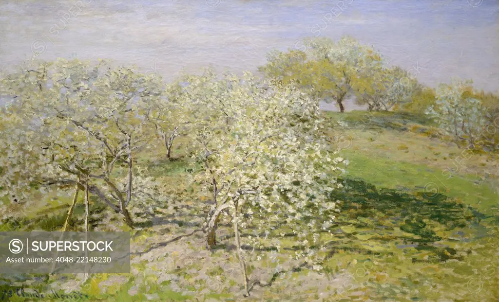 Spring (Fruit Trees in Bloom), by Claude Monet, 1873, French impressionist painting, oil on canvas. This work was painted near his home in Argenteuil, on the Seine, northwest of Paris (BSLOC_2017_3_23)