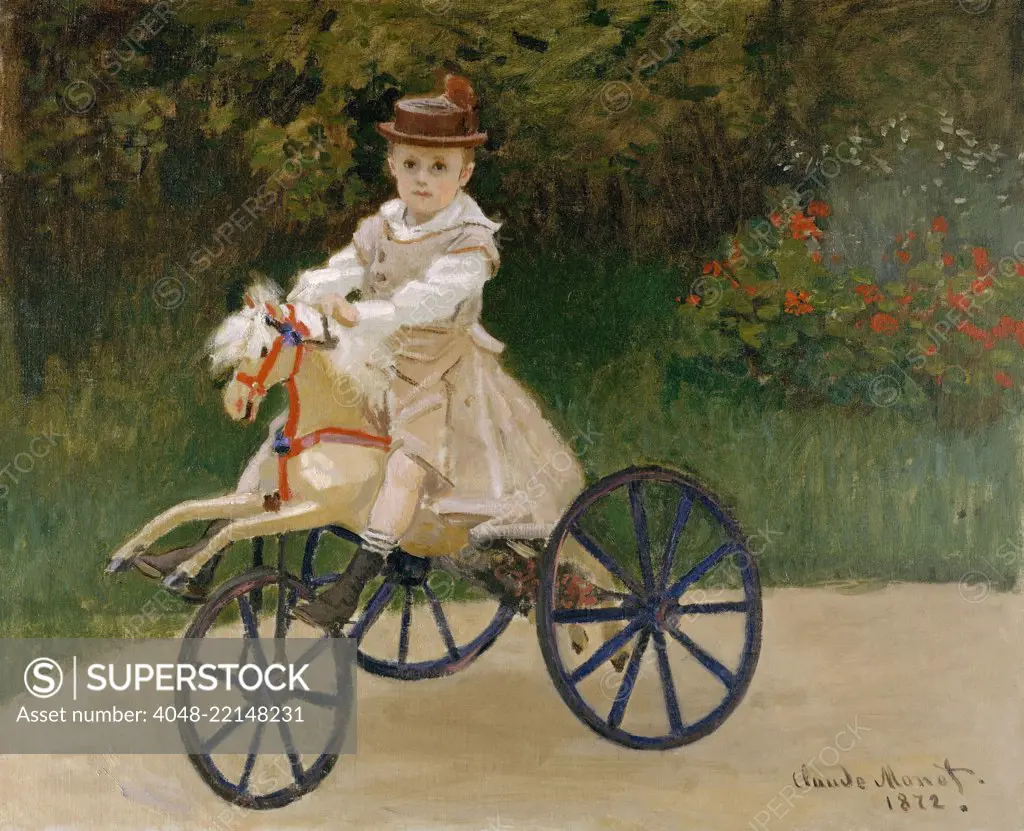 Jean Monet on His Hobby Horse, by Claude Monet, 1872, French impressionist painting, oil on canvas. Monet kept this portrait of his 5 year old son all of his life (BSLOC_2017_3_22)