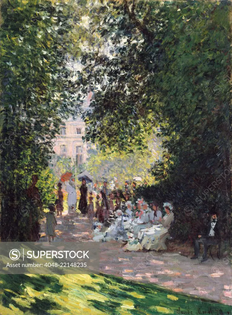 The Parc Monceau, by Claude Monet, 1878, French impressionist painting, oil on canvas. Monet applied the paint in small daubs over the entire canvas that reduced the illusion of the volumes and space of his motif (BSLOC_2017_3_27)