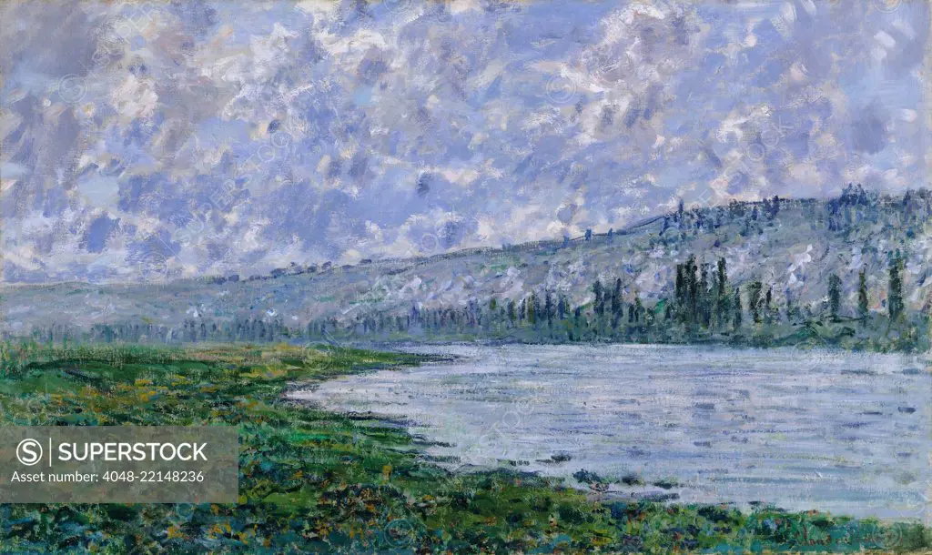 The Seine at Vetheuil, by Claude Monet, 1880, French impressionist painting, oil on canvas. Monet painted this work with a variety of brushstrokes, using broader strokes for the cloud, and horizontals for the water (BSLOC_2017_3_29)