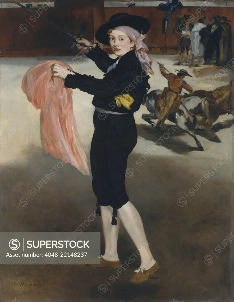 Mademoiselle V in Costume of an Espada, by Edouard Manet, 1862, French impressionist oil painting. Manet's favorite model, Victorine Meurent, is painted as a matador against a backdrop of a bullfight (BSLOC_2017_3_3)