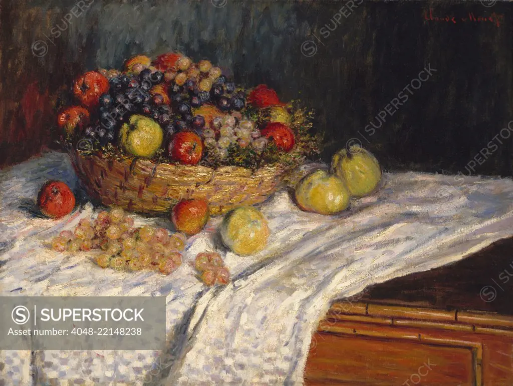 Apples and Grapes, by Claude Monet, 187980, French impressionist painting, oil on canvas. In painting this basket of apples, Monet balances the active surface created by his small brushstrokes with the illusion of volume and space of his motif (BSLOC_2017_3_28)