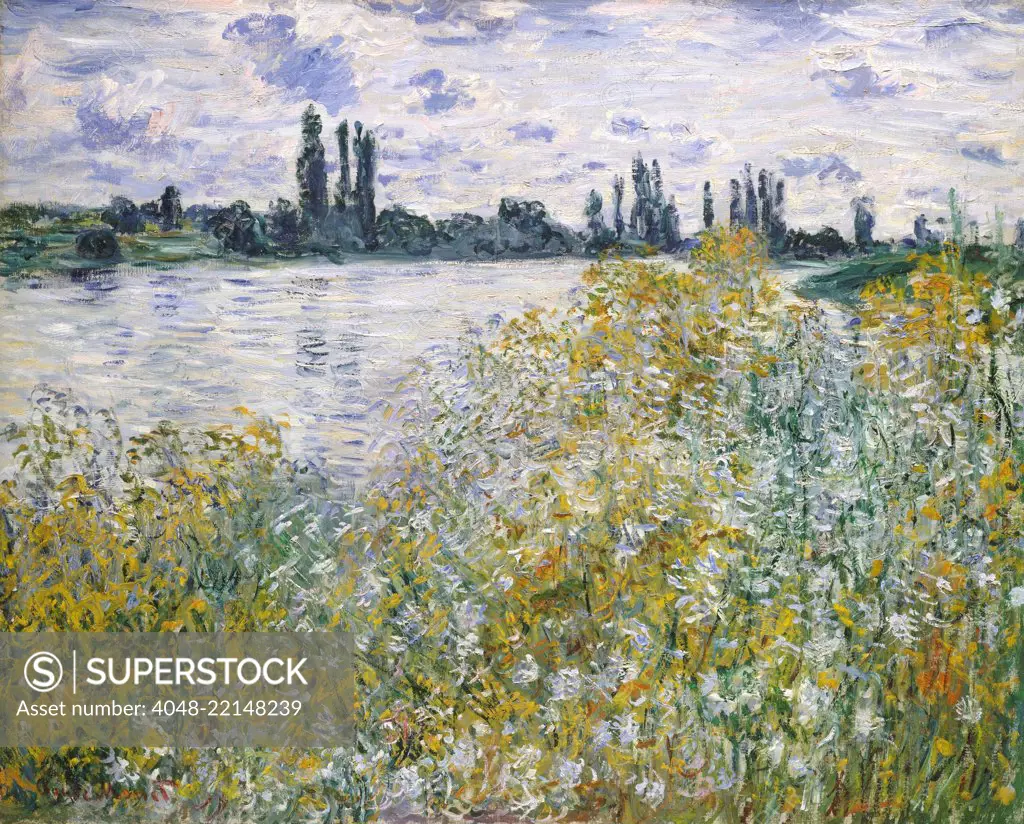 Ile aux Fleurs near Vetheuil, by Claude Monet, 1880, French impressionist painting, oil on canvas. The forms and space of the landscape are dematerialized in the lacework of his brushstrokes (BSLOC_2017_3_31)