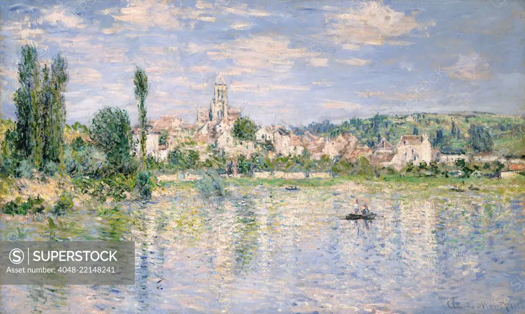 Vetheuil in Summer, by Claude Monet, 1880, French impressionist painting, oil on canvas. This painting creates the illusion of flickering reflections of sunlight on the water (BSLOC_2017_3_30)