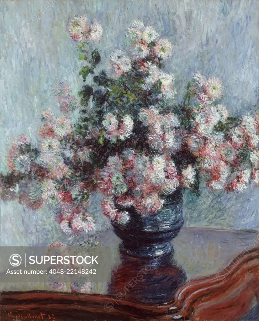 Chrysanthemums, by Claude Monet, 1882, French impressionist painting, oil on canvas. Monet's twenty floral still lifes painted between 1878 and 1883, received critical and commercial success (BSLOC_2017_3_34)