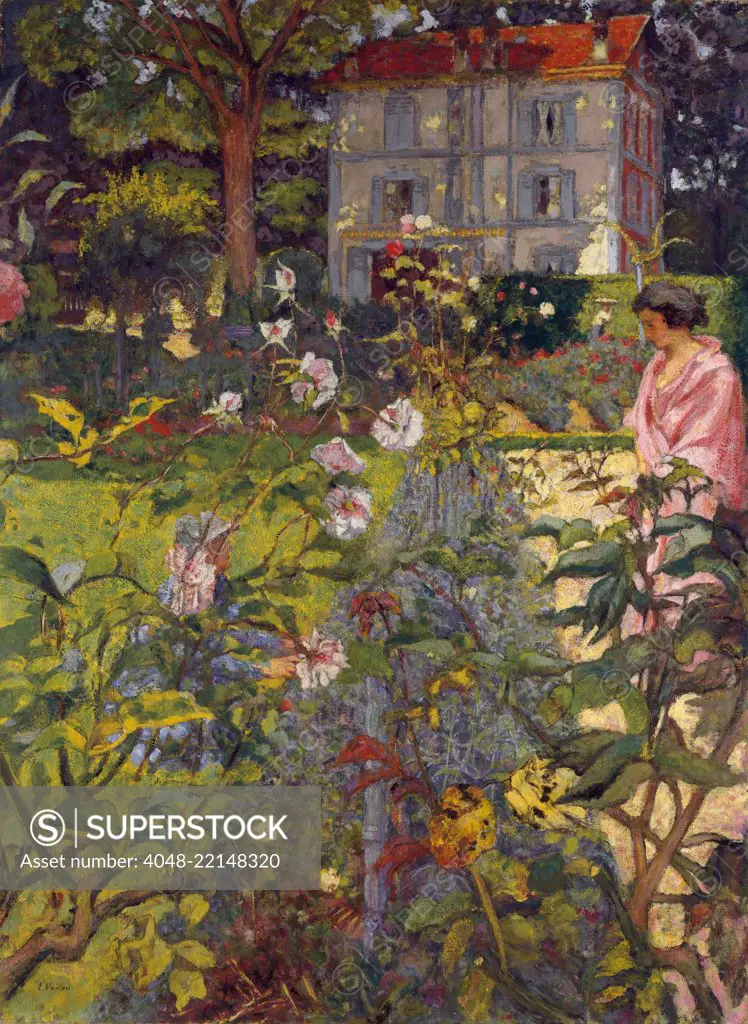 Garden at Vaucresson, by Edouard Vuillard, 1920, French Post-Impressionist painting. The two women almost lost among the plants are Lucy Hessel and her cousin. The house emerges clearly above the rich complexity of the painting's lower half (BSLOC_2017_5_103)