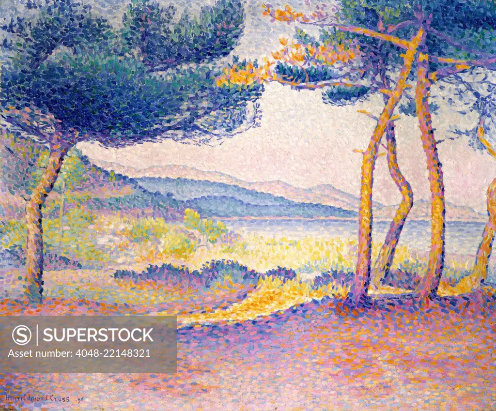 Pines Along the Shore, by Henri-Edmond Cross, 1896, French Neo-Impressionist, oil on canvas. Painted in south France on the Mediterranean (BSLOC_2017_5_104)