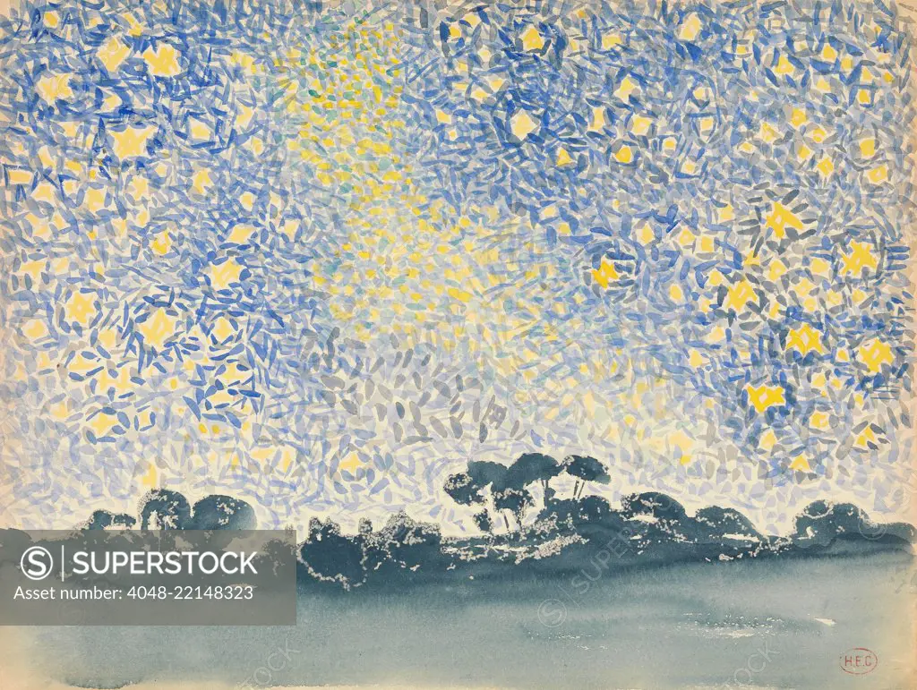 Landscape with Stars, by Henri-Edmond Cross, 1905-08, French Neo-Impressionist watercolor painting. The star-streaked sky combines the brushstrokes of clear blue and yellow above a simply painting dull landscape (BSLOC_2017_5_107)