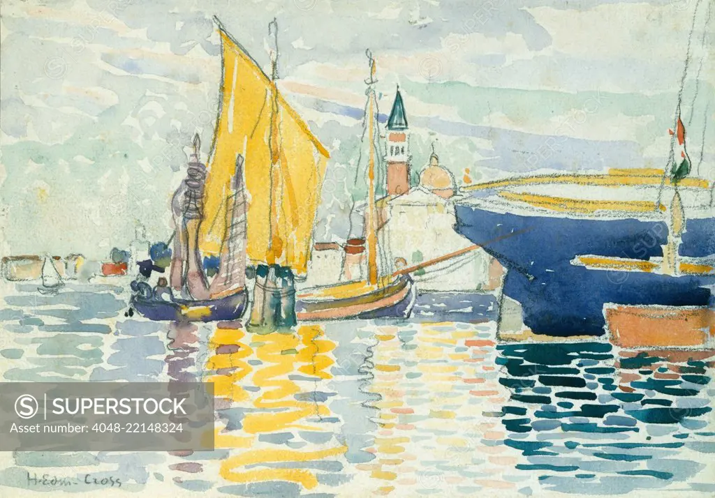 Venice-The Giudecca, by Henri-Edmond Cross, 1903, French Neo-Impressionist watercolor. San Giorgio Maggiore is seen through the boats in the foreground. Cross painted preparatory watercolors for paintings made in the time-consuming pointillist process of  (BSLOC_2017_5_105)