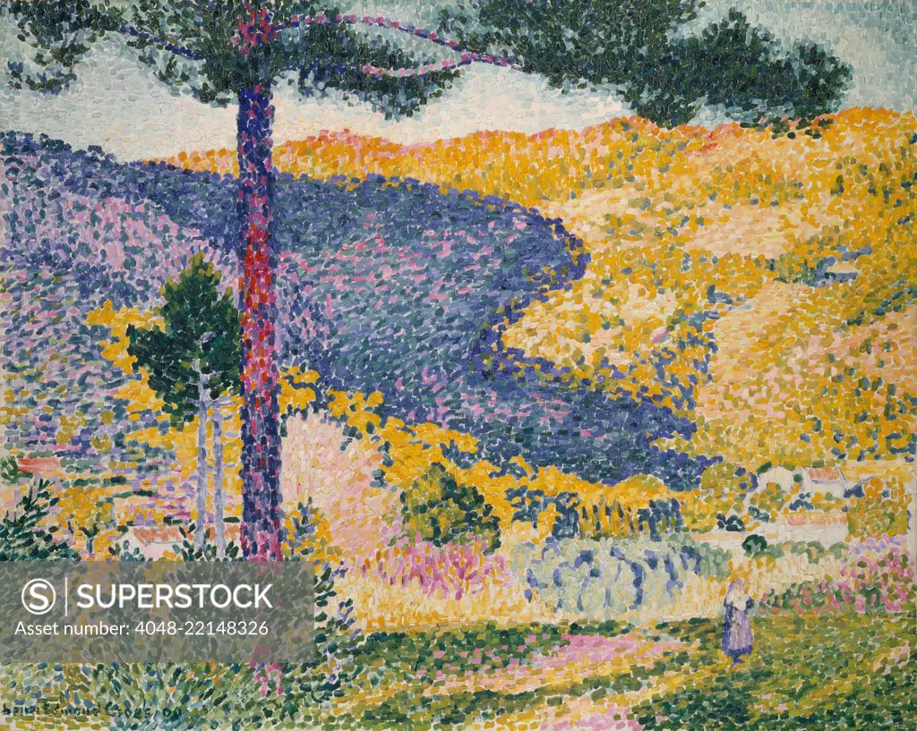 Valley with Fir (Shade on the Mountain), by Henri-Edmond Cross, 1909, French Neo-Impressionist. In this oil painting, the artist leaves unpainted bare canvas between the strokes (BSLOC_2017_5_108)