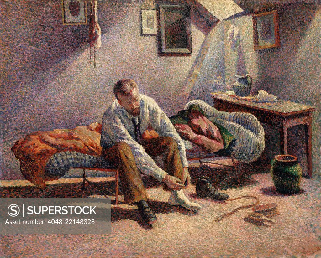 Morning, Interior, by Maximilien Luce, 1890, French Neo-Impressionist, oil on canvas. Pointillist painting of Luces close friend and fellow painter Gustave Perrot dressing in his artist's garret. Luce's socialist/anarchist politics influenced him to pain (BSLOC_2017_5_111)