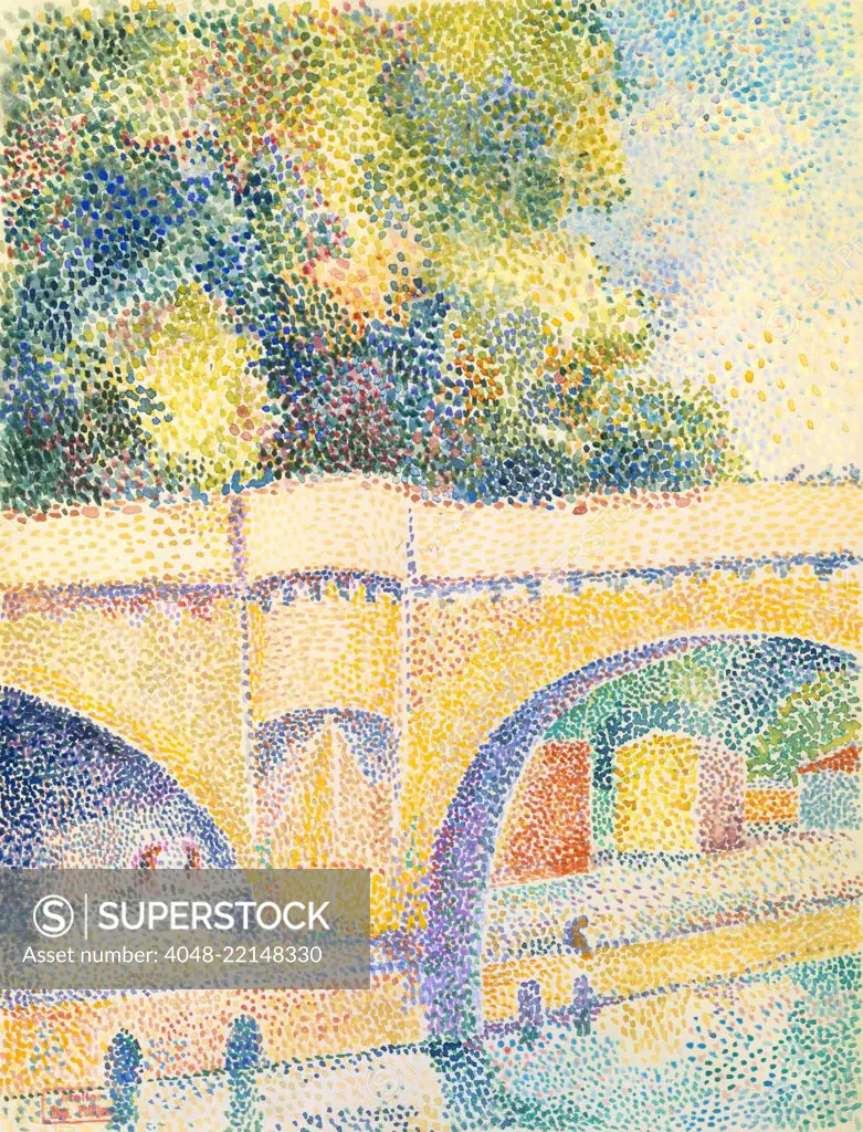 Le Pont Neuf, by Hippolyte Petitjean, 1912-14, French Neo-Impressionist, watercolor painting. Petitjean was a close friend and follower of Georges Seurat's. He created this pointillist work along the Seine, looking downriver through the arches of the Pont (BSLOC_2017_5_110)