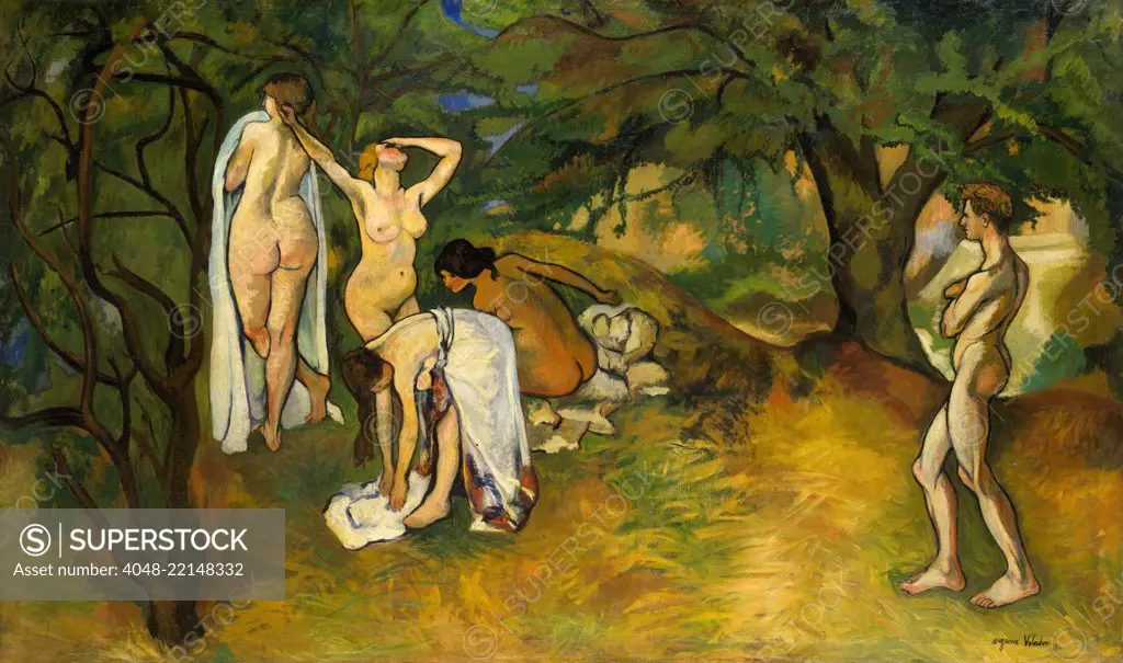 Joy of Life, by Suzanne Valadon, 1911, French Post-Impressionist painting, oil on canvas. This large work measuring 4 by 7 feet was shown at the 1911 Paris Salon. A man stands separate, at right, watching the women who seem oblivious to his presence. Vala (BSLOC_2017_5_116)