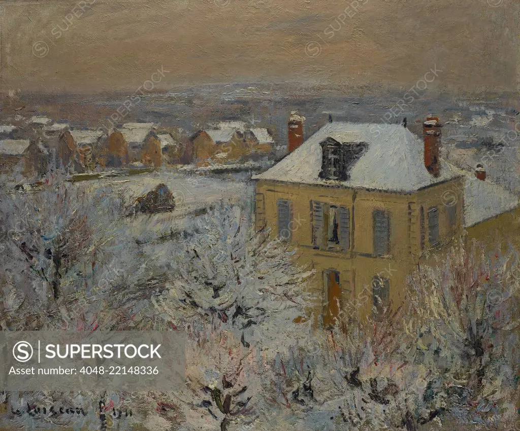 House in Winter, by Gustave Loiseau, 1911, French Post-Impressionist, oil on canvas. As a young artist in his 20's he associated with Paul Gauguin and Emile Bernard, and then experimented with Pointillism. By the time this work was made he had established (BSLOC_2017_5_113)