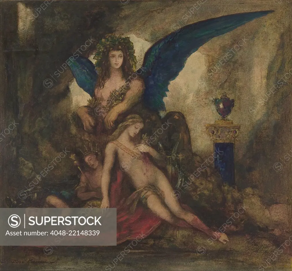 Sphinx in a Grotto (Poet, King and Warrior), by Gustave Moreau, 1850-90, French Romantic/Symbolism. Watercolor painting depicting Sphinx with the dead bodies of a Poet, King, and Warrior, in a fantastical image of the deadly mythological beast (BSLOC_2017_5_120)