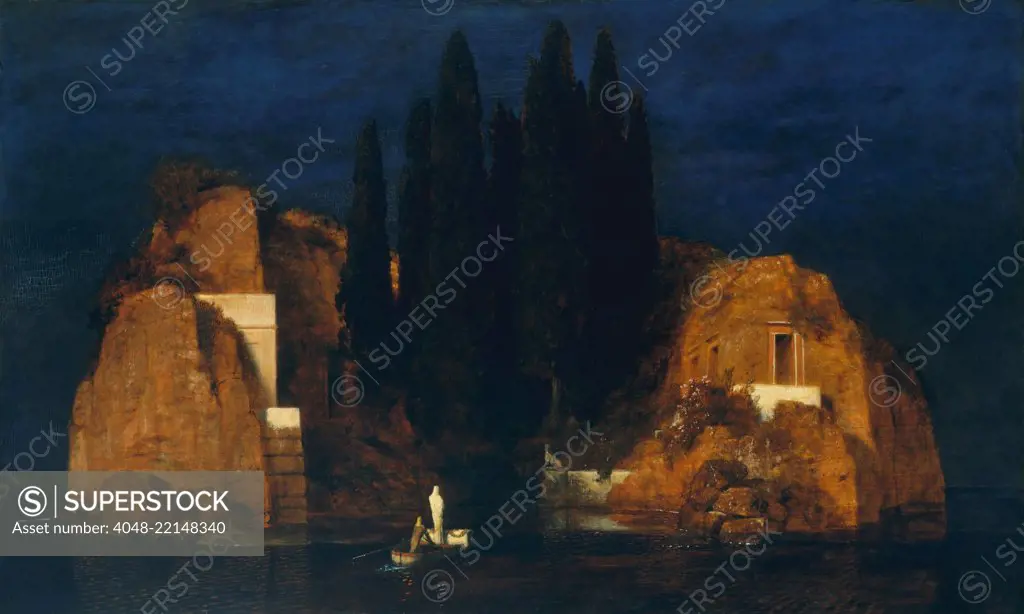 Island of the Dead, by Arnold Bocklin, 1880, Swiss Romantic/Symbolist painting, oil on wood. A draped coffin and standing shrouded figure are rowed to a bleak island in a small boat. This is Bocklin's best known work, of which he made several versions bet (BSLOC_2017_5_121)